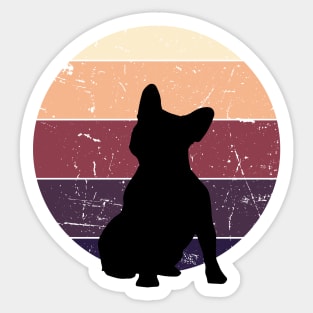 Silhouette of cute french bulldog sitting with dark colored sunset, vintage style, frenchie mon, frenchie dad, frenchie on vintage sunset Sticker